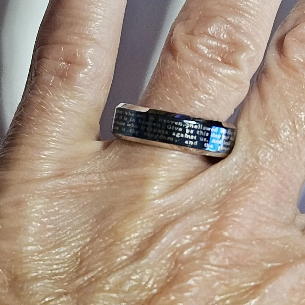 Stainless Steel Two Toned Blue IP & Silver Lord's Prayer Ring Size 7